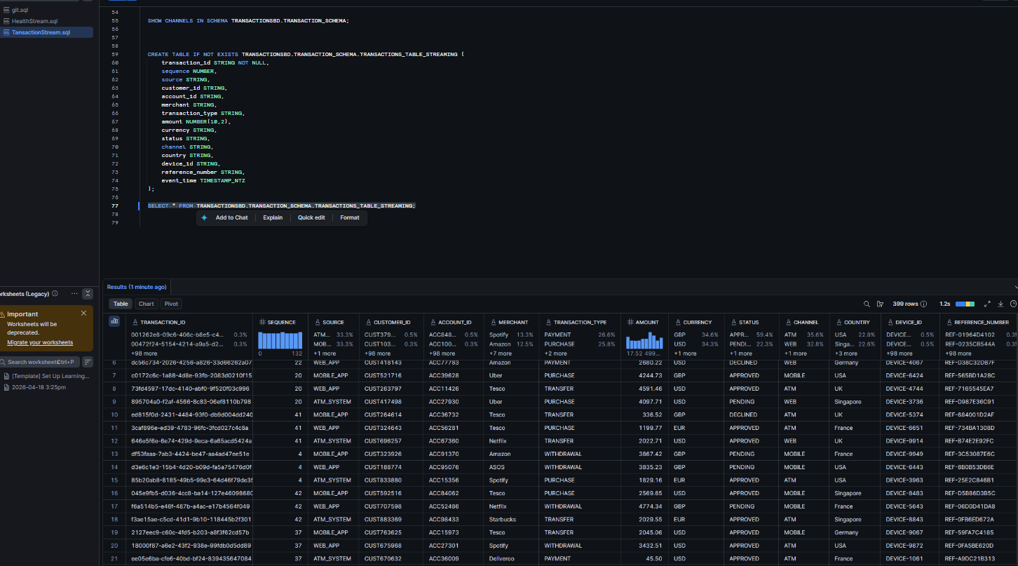 Snowflake transaction stream screenshot 1