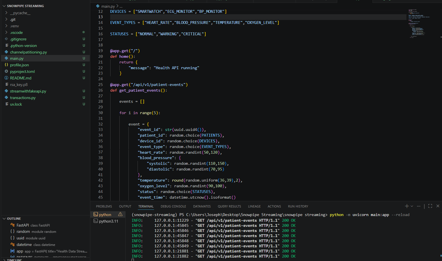 Snowflake streaming API screenshot
