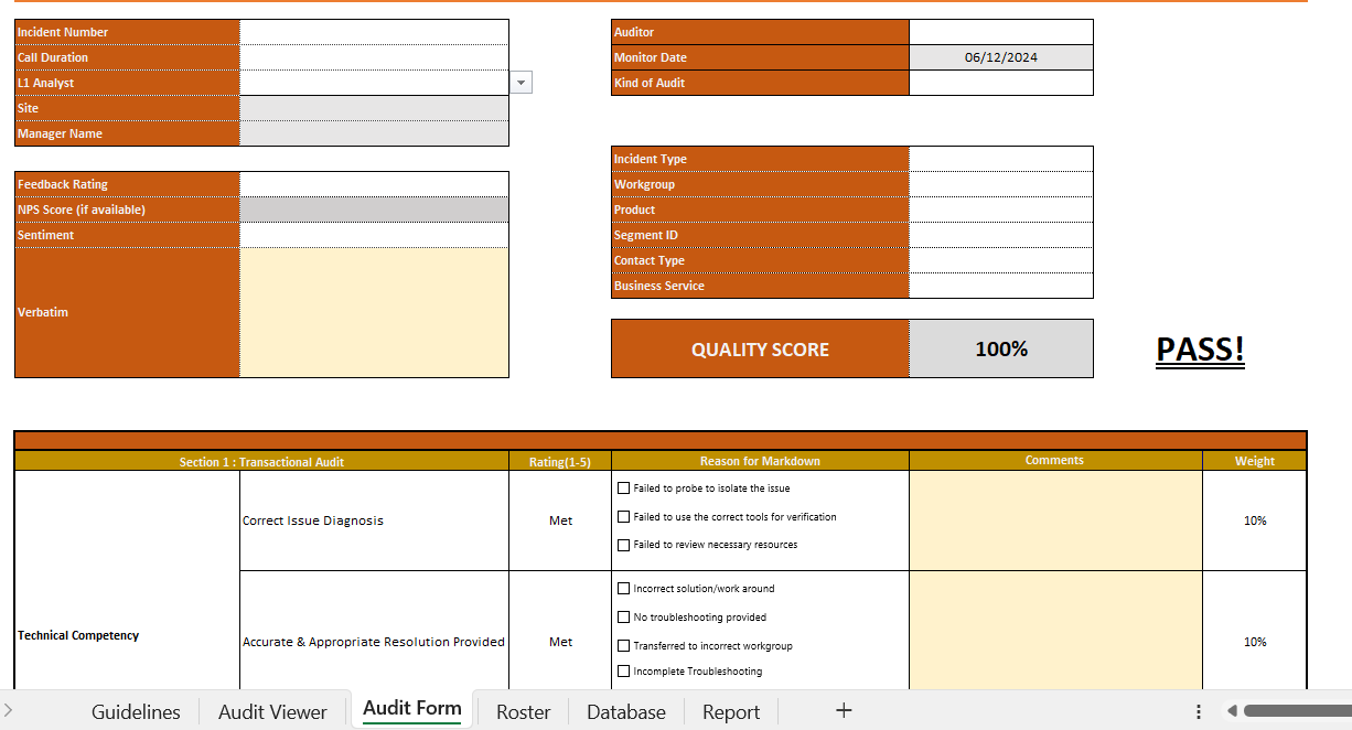 Excel QA form project screenshot